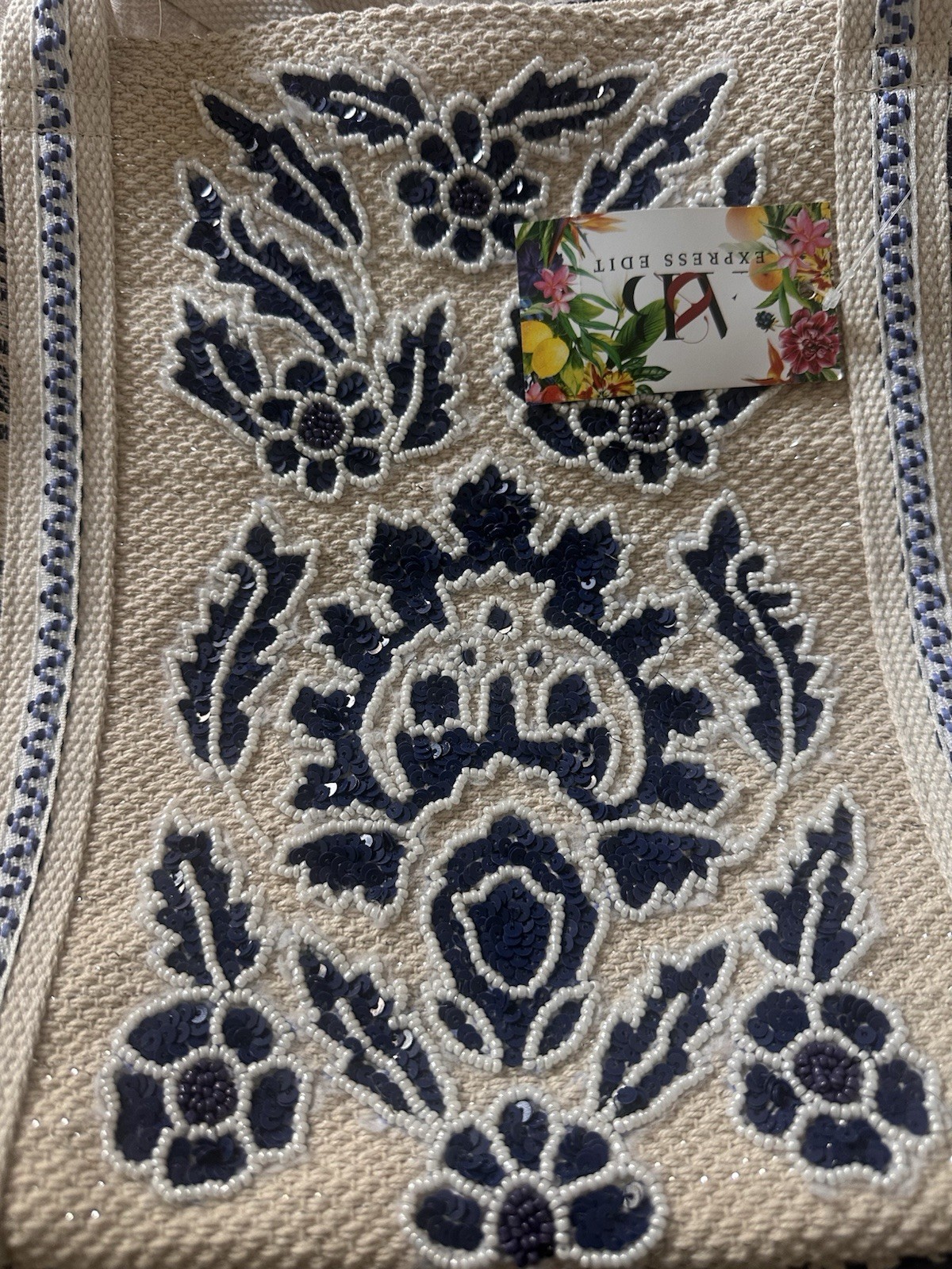 NWT Viral Beaded Embroidered Tote Bag In Navy And Cream Compartments Pockets (I)