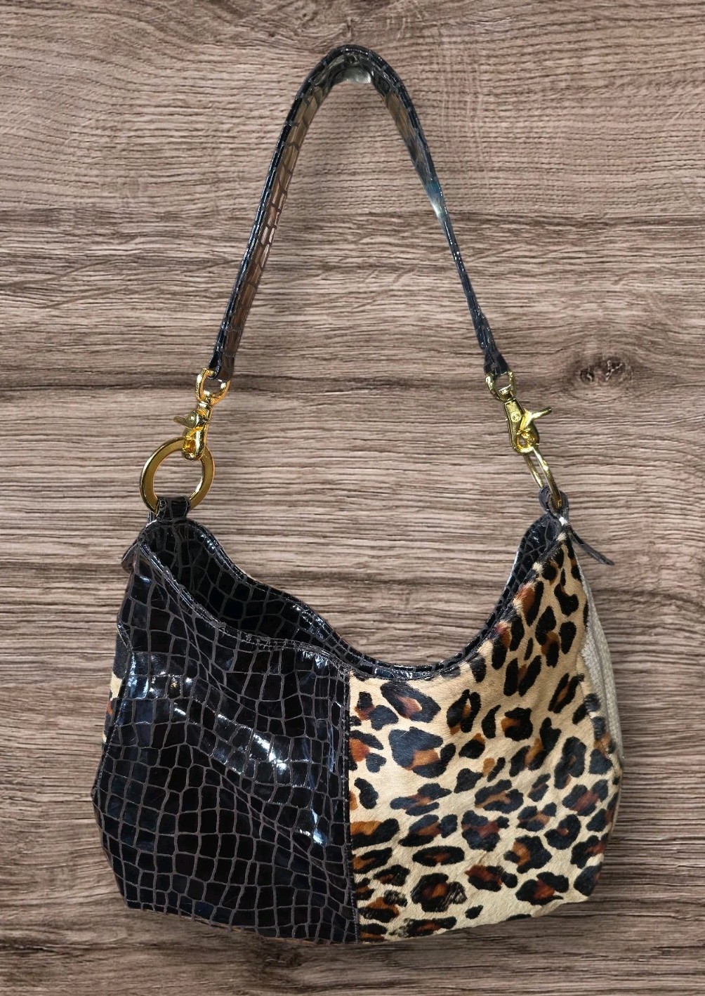 Andre Oliver Black Croc Print & Pony Hair Tiger Stripe Shooulder Bag Purse VGUC