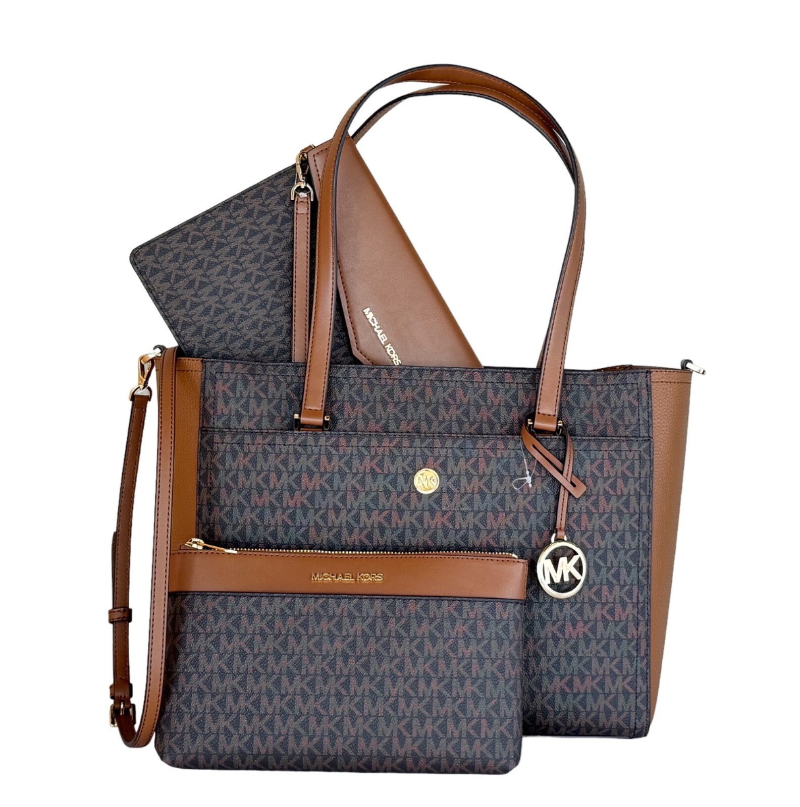 MICHAEL KORS MAISIE L 3 IN 1 TOTE SHOULDER CROSSBODY BAG + CLUTCH MK BROWN