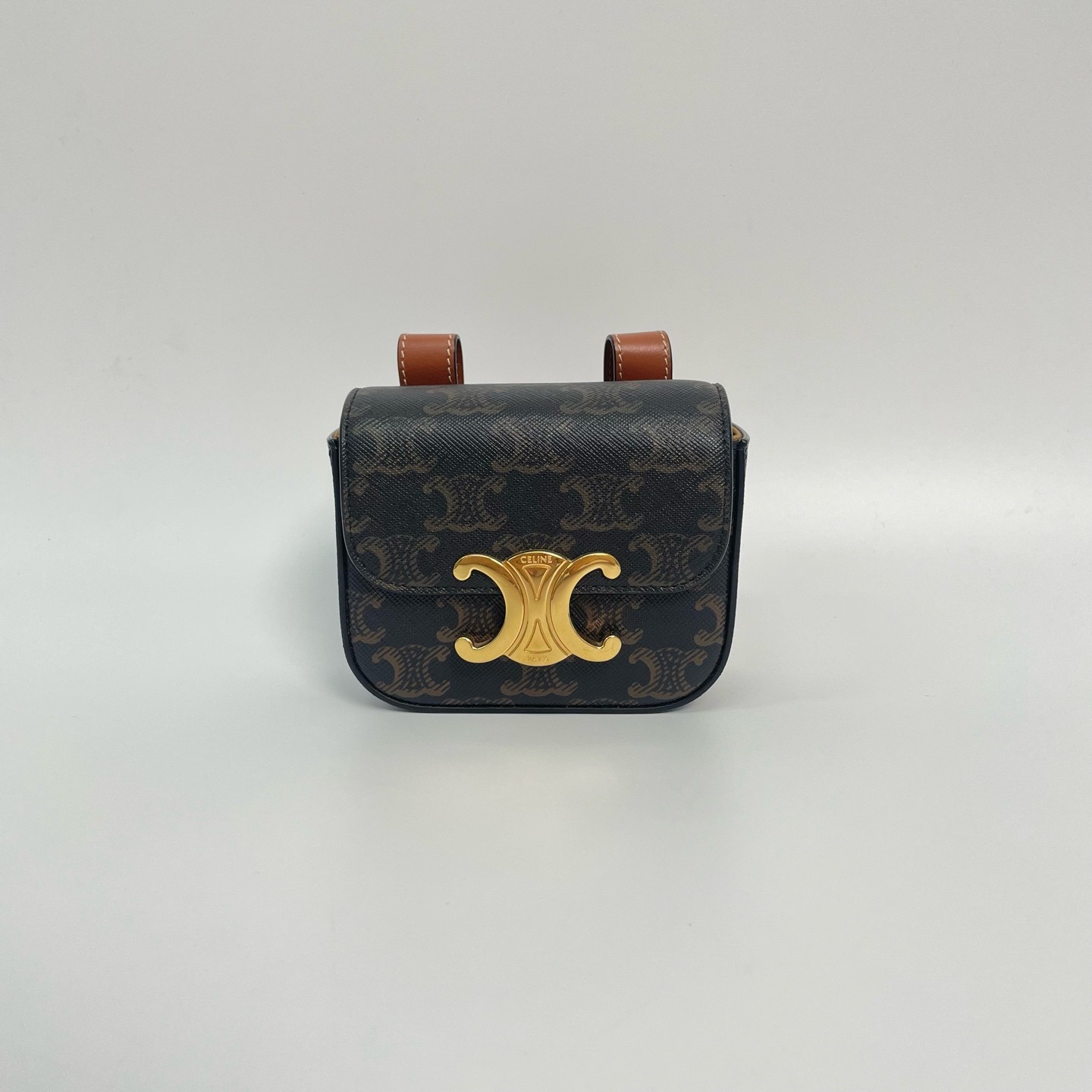 Auth CELINE Triomphe Mini Claude Belt Bag Brown Monogram Canvas Gold Hardware