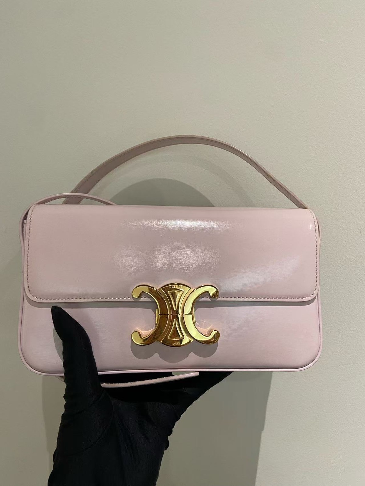 CELINE Triomphe Shoulder Bag Sakura Pink Shiny Calfskin Gold Hardware Auth