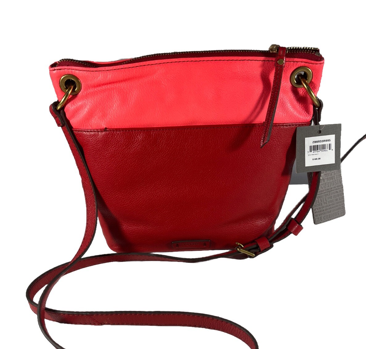 NEW FOSSIL KEELY RED+CORAL LEATHER,BRASS GOLD TONE,CROSSBODY HANDBAG