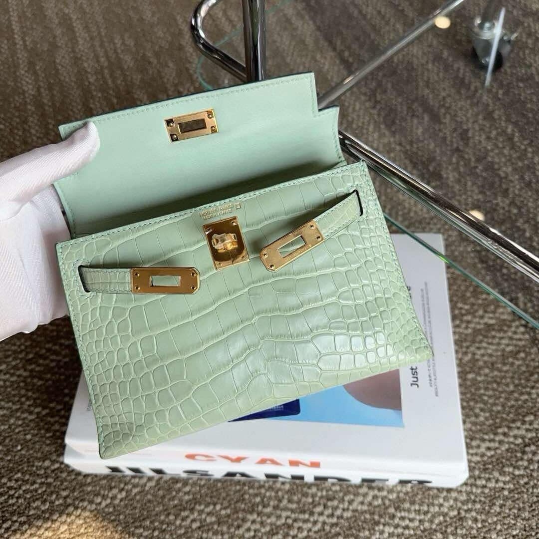 Hermes mini kelly II 20 Vert D’eau matte alligator With GHW Bag