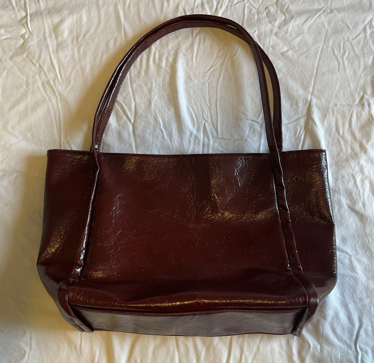 Women’s Burgundy Patent Tote Bag Solid Rectangle Double Handles Zip Closure