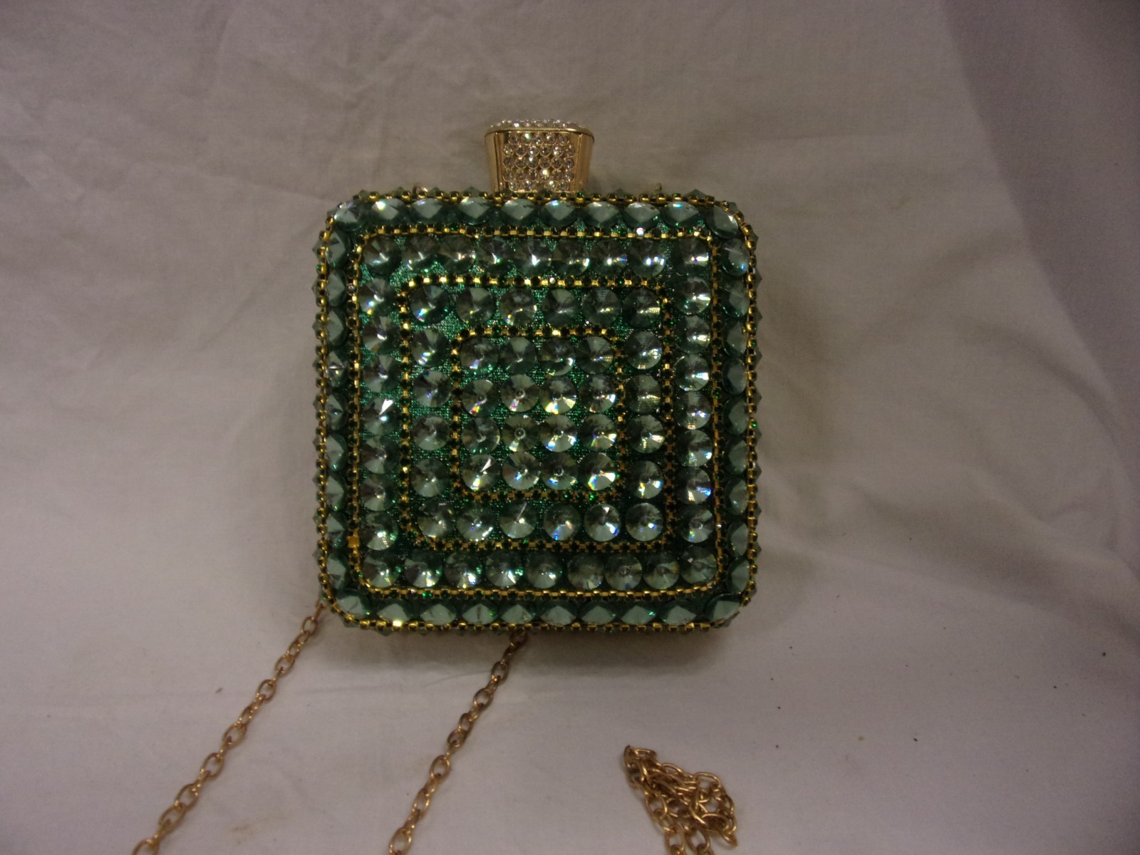 Ladies Emerald Green Rhinestone Front Small Perfume Bottle Evening Bag