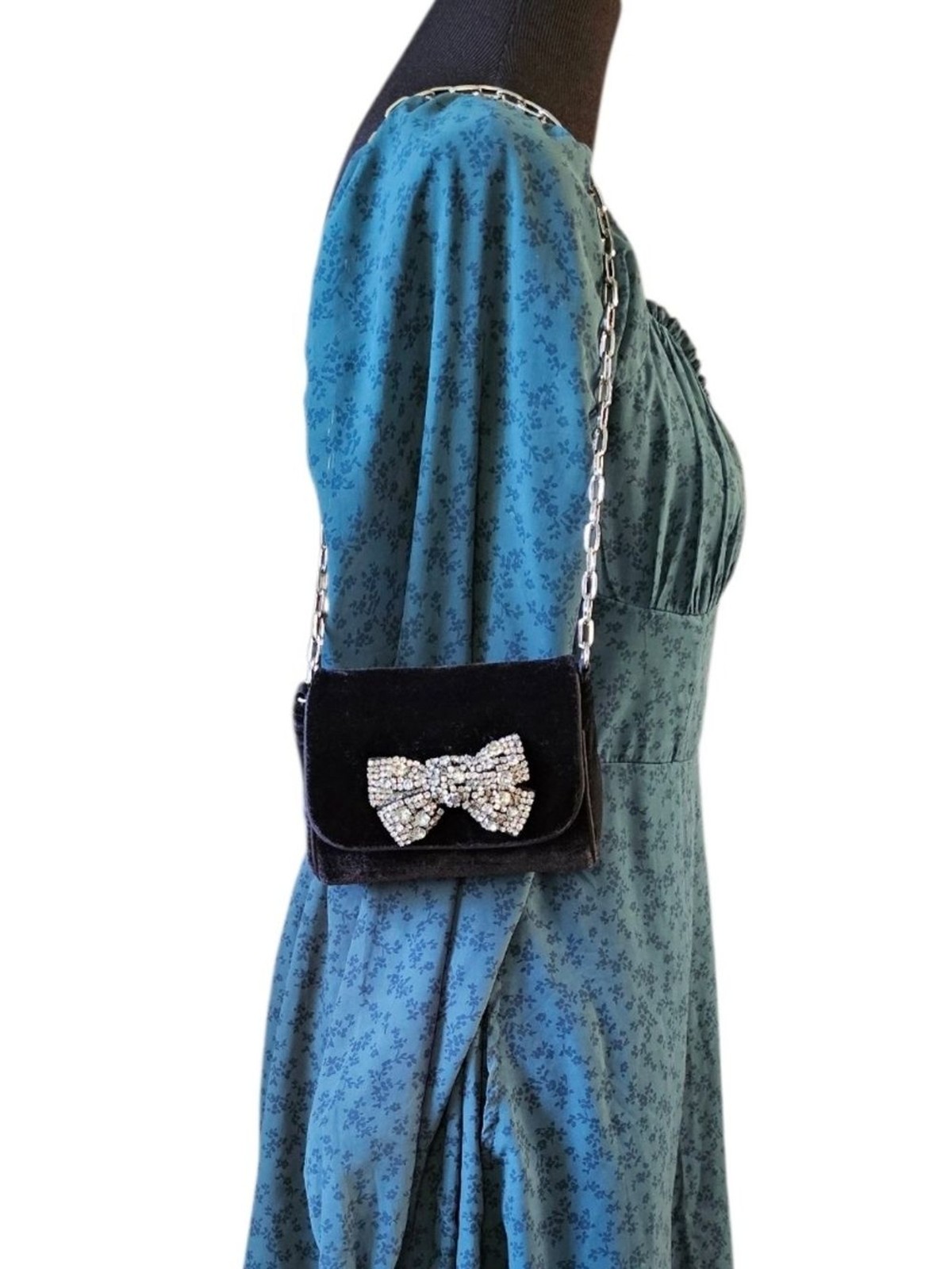 White House Black Market Black Velvet Rhinestone Bow Clutch Evening Bag