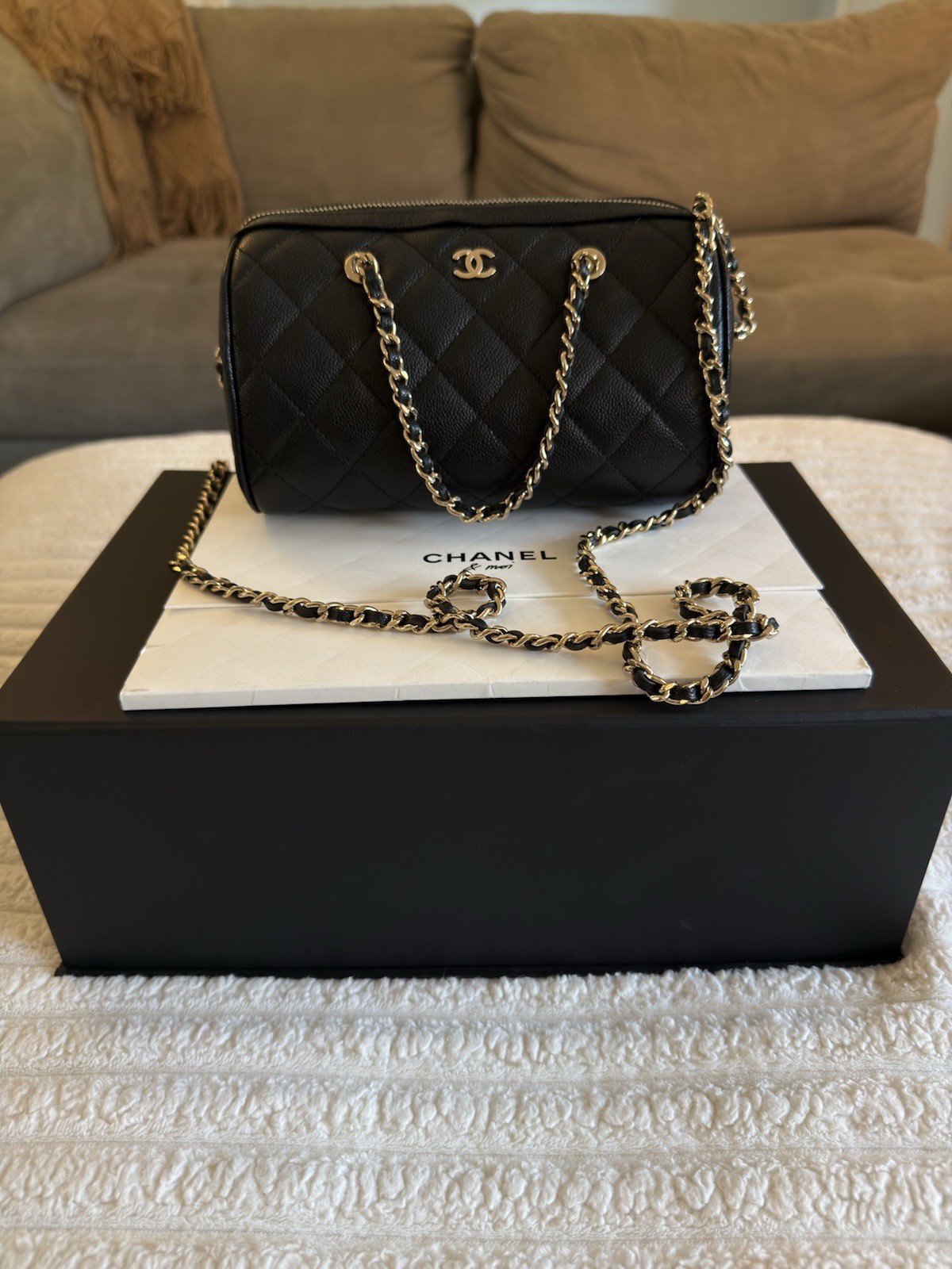 CHANEL Mini Boston CC Logo Black Caviar Leather Bag w/ Light Gold