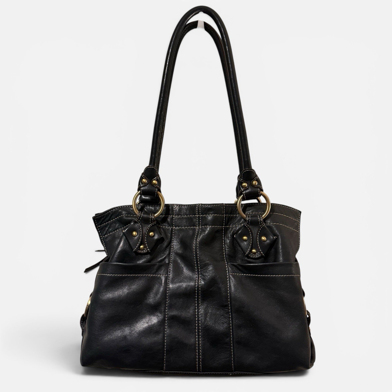 Tignanello Leather Shoulder Bag Purse Black Brushed Gold Hardware Zipper Pocket