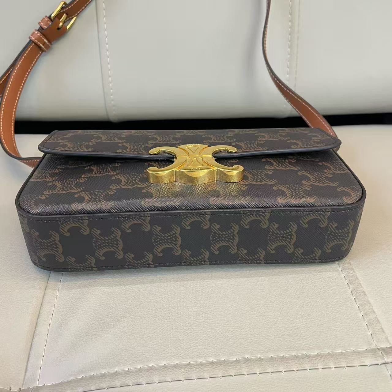 CELINE Claude Triomphe Shoulder Bag canvas leather Brown