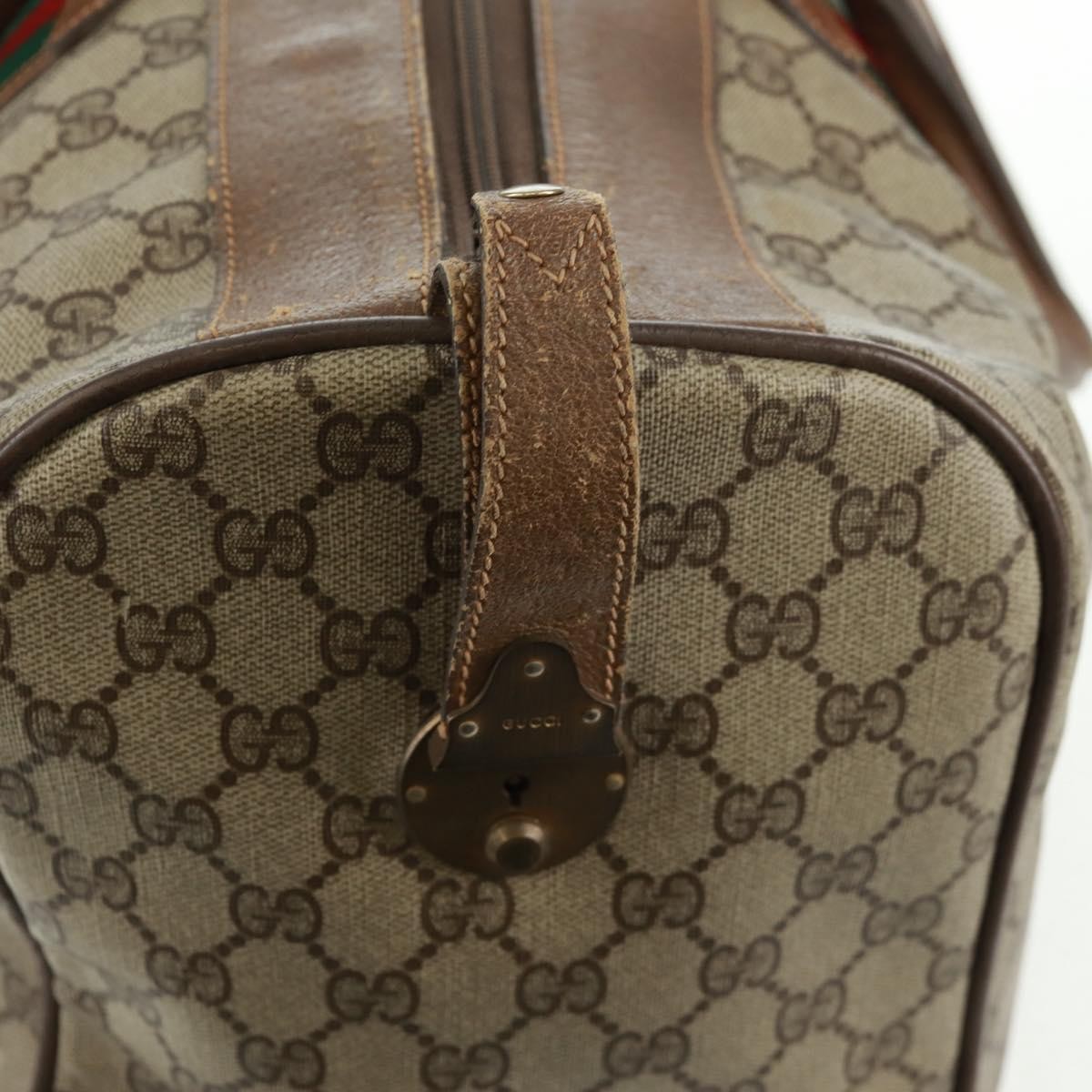 GUCCI GG Supreme Web Sherry Line Boston Bag PVC Beige Gold Auth 158687