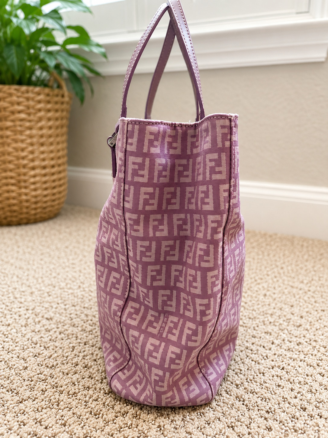 Authentic Vintage Fendi Lavender Zucchino FF Monogram Tote Bag leather handles