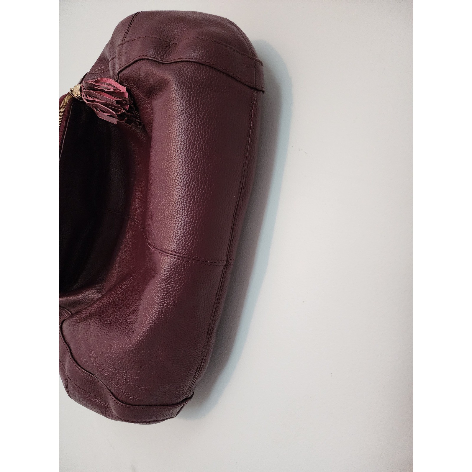 Onna Ehrlich Plum Pebbled Leather Hobo Bag Whipstitch Tassel Gold Hardware