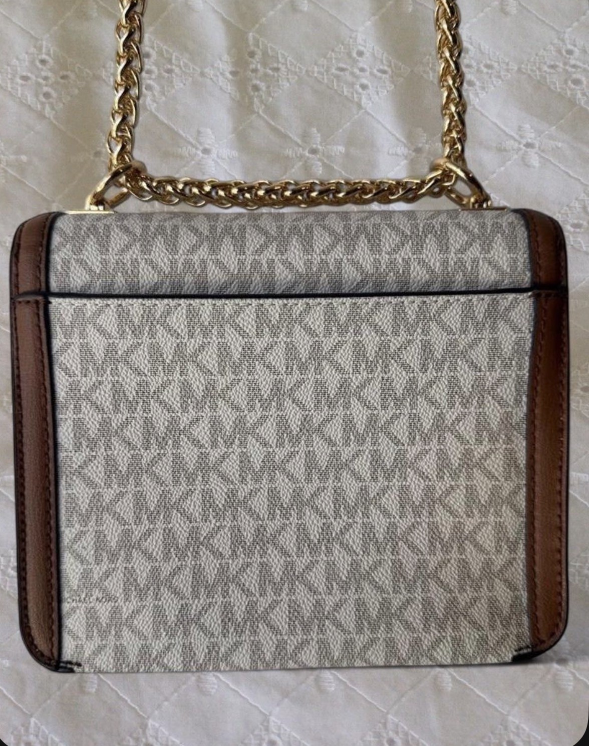 Michael Kors Logo Chain Shoulder Bag White Brown w/ Gold Hardware Women + wallet