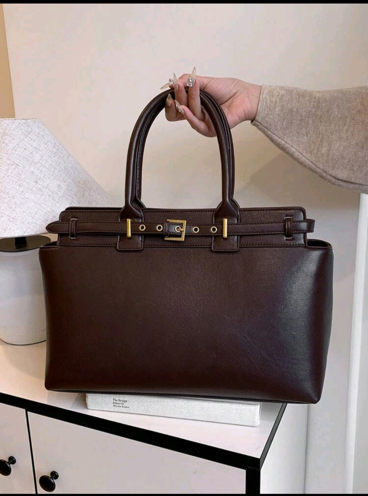 Elegant Dark Brown Celebrity Fashion Design Tote Shoulder Handbag Vegan Leather