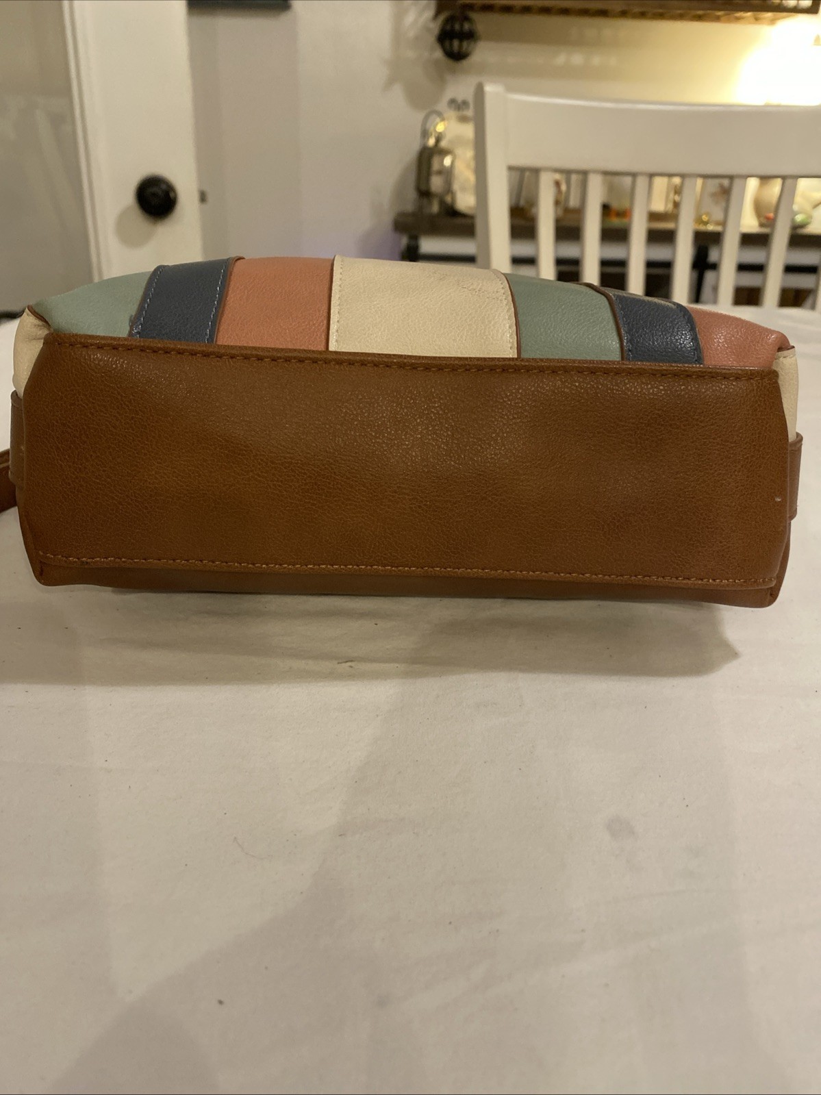 Frye & Co Pink Brown Teal Stripe Mini Shopper Tote Bag Purse Top Handle Shoulder