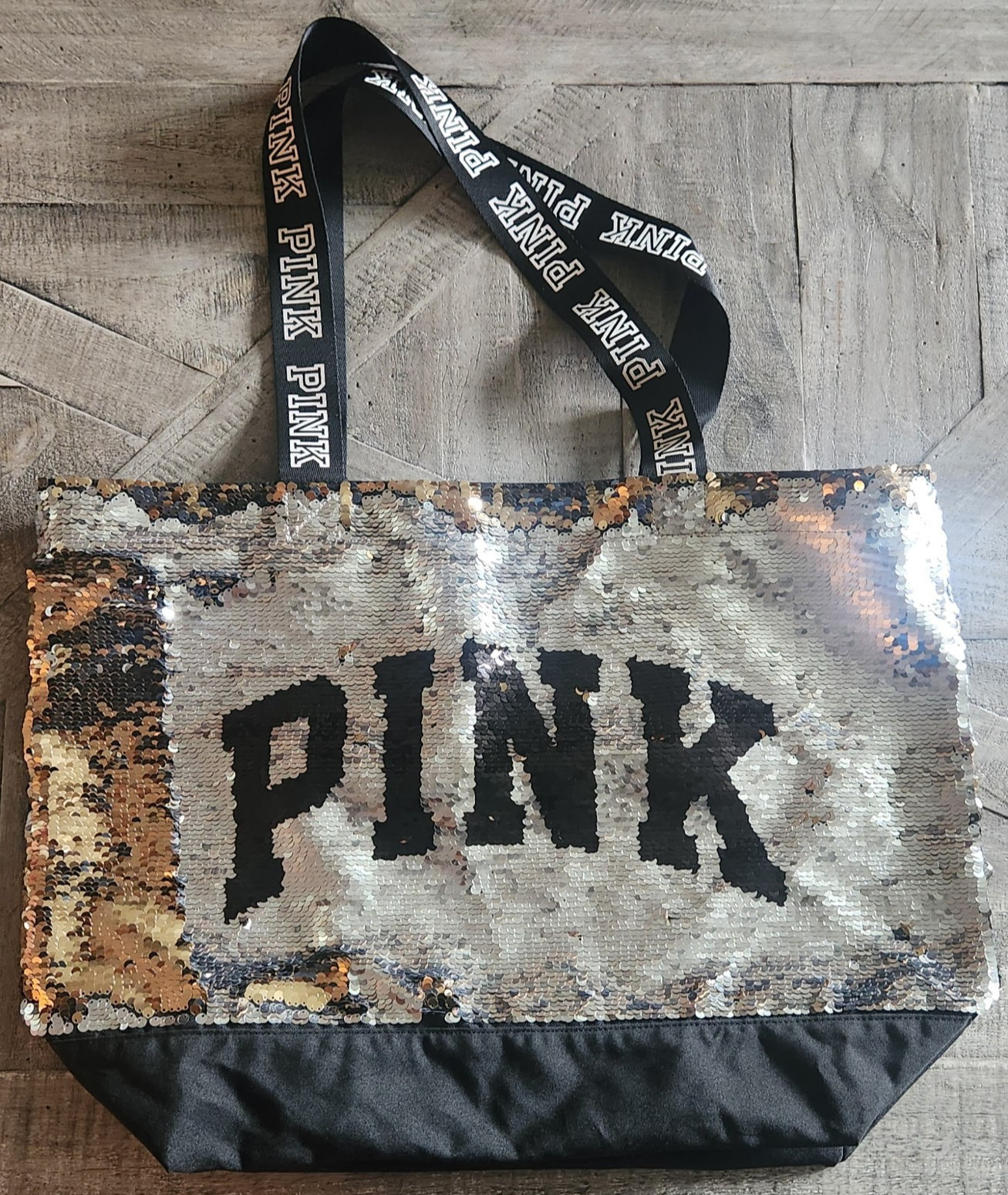 Victoria’s Secret PINK Reversible Sequin Weekender Tote Bag Gold Black Large