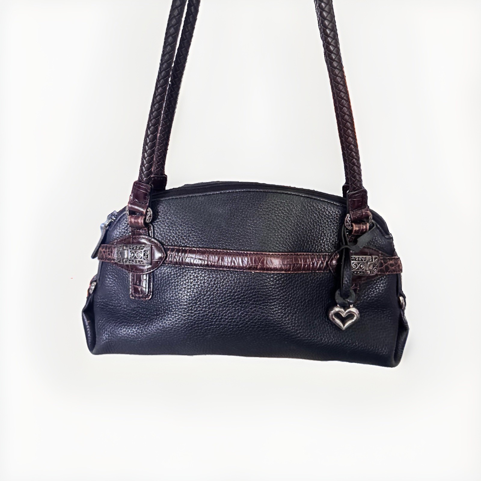 Brighton Black Leather Shoulder Bag Brown Croc Trim Heart Charm Satchel
