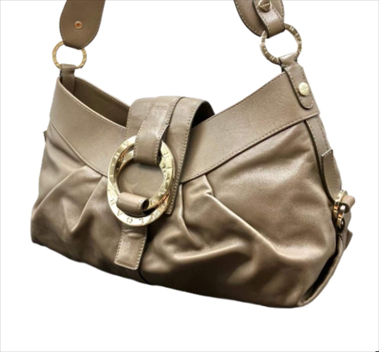 BVLGARI Chandra Shoulder Bag Beige Leather Gold-tone Ring Size: W14.2xH7″