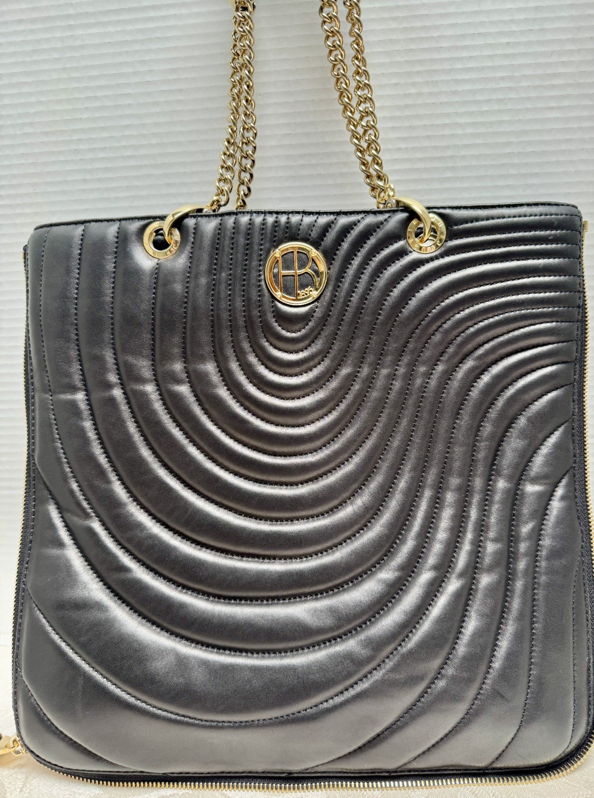 Henri Bendel Quilted Swirling Leather Zip Chain Strap Shoulder Bag Black