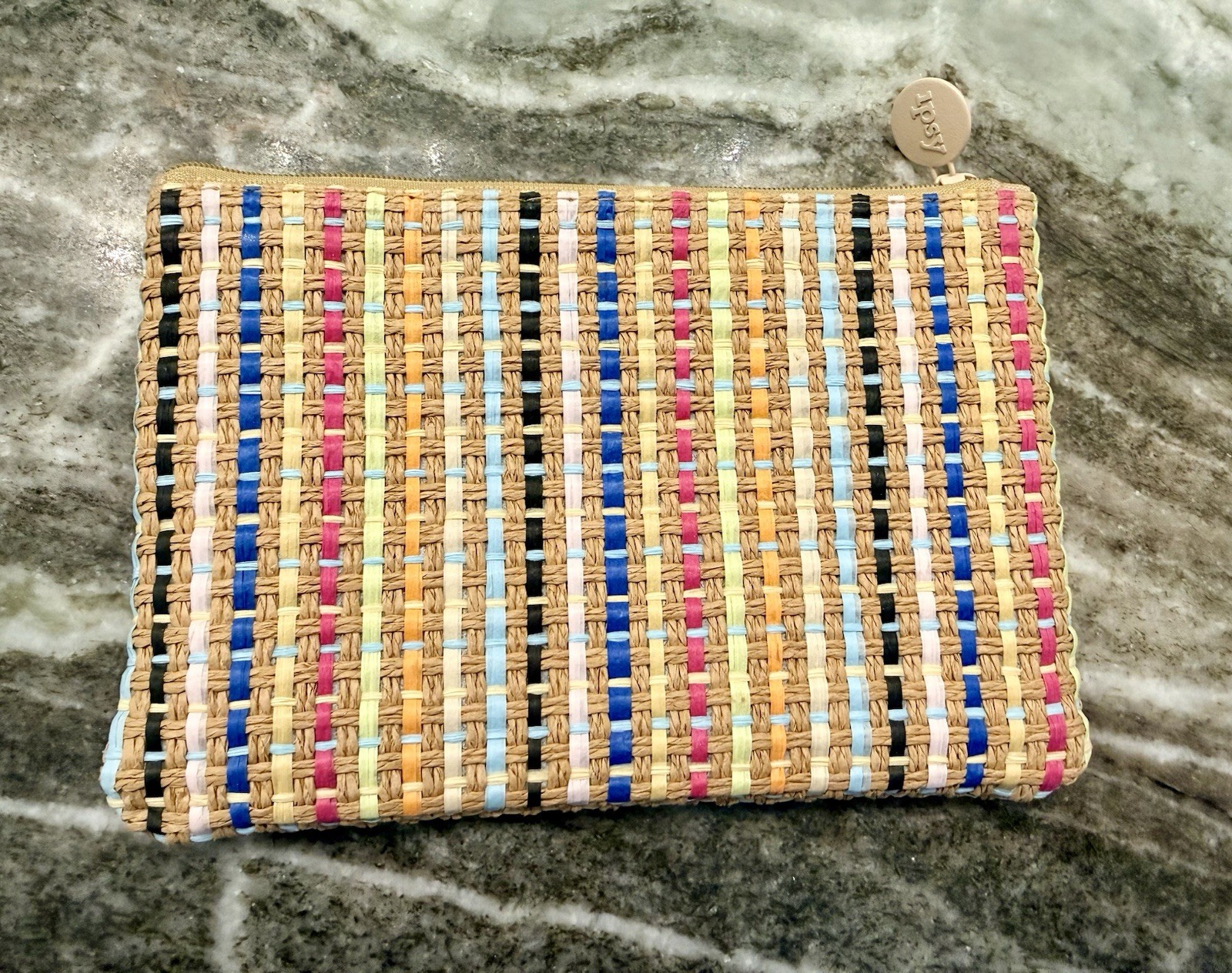 Ipsy~Woven Straw Pouch~Multicolor Striped Summer Makeup Bag~Zip Top 8×5”~New