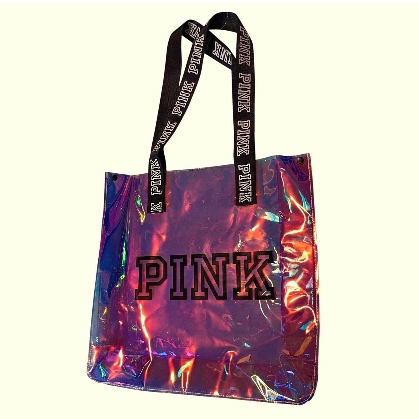Victoria’s Secret PINK Iridescent Holographic Tote Bag Purple Black Logo Straps