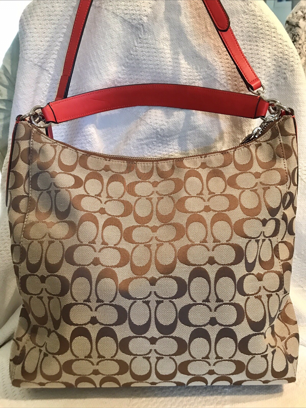 COACH Shoulder Crossbody Bag Signature C Canvas Leather Beige Red 13”x12” RARE!