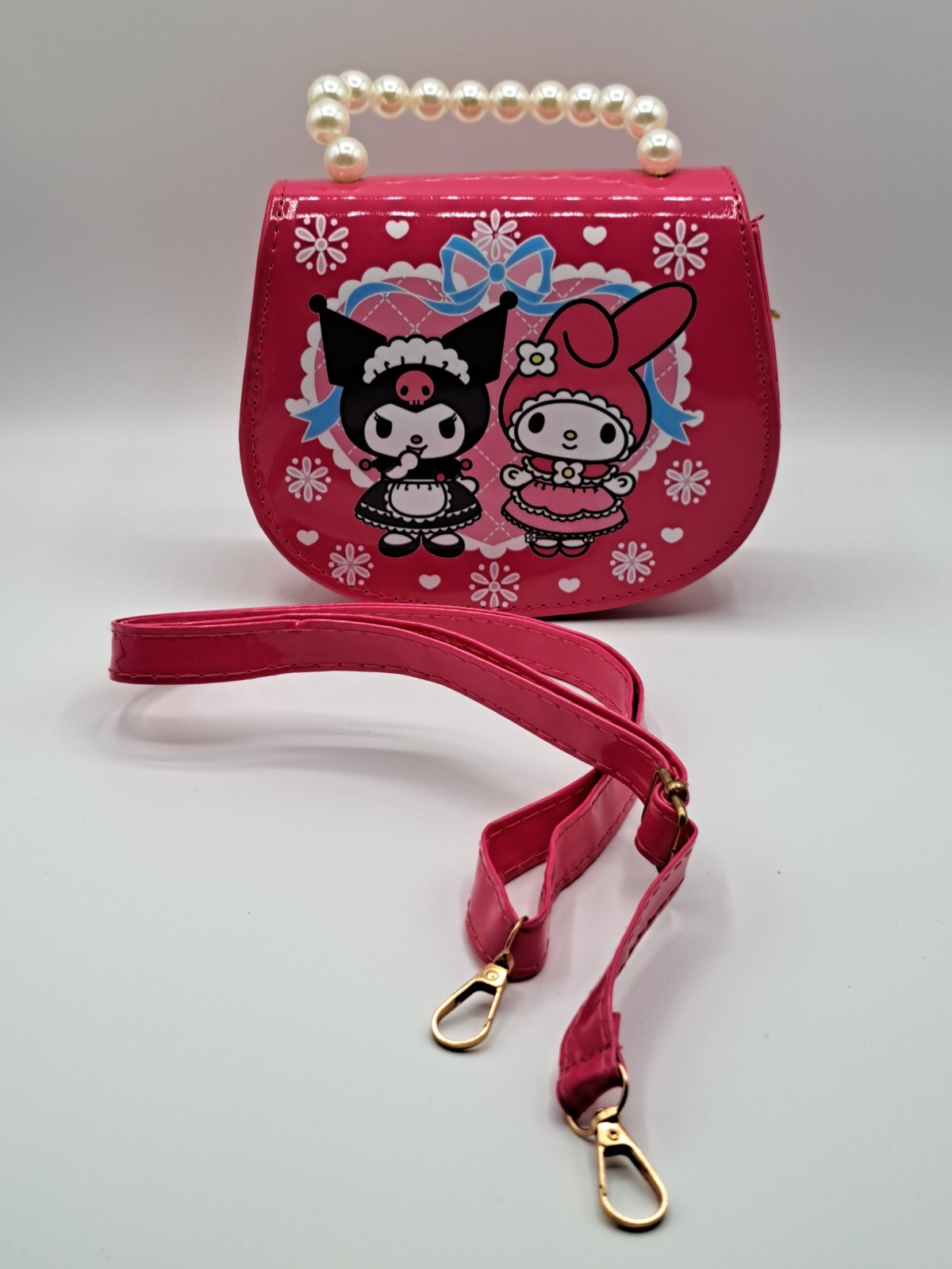 Kuromi & My Melody Dark Pink Purse with Flowers and Pearl Handle NEW