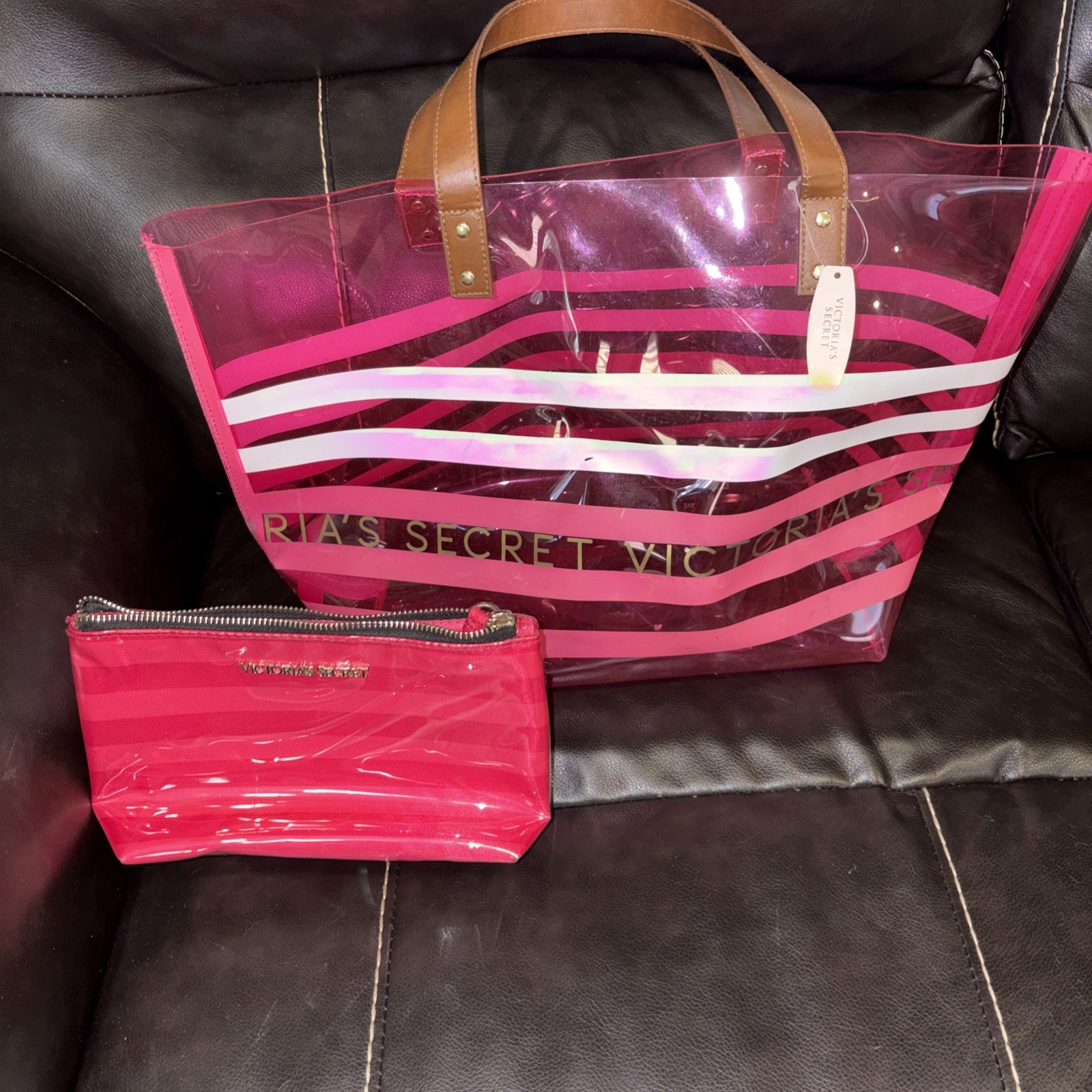 Victoria’s Secret Logo Clear /Pink Tote Bag and Pink Zippered Cosmetic Bag