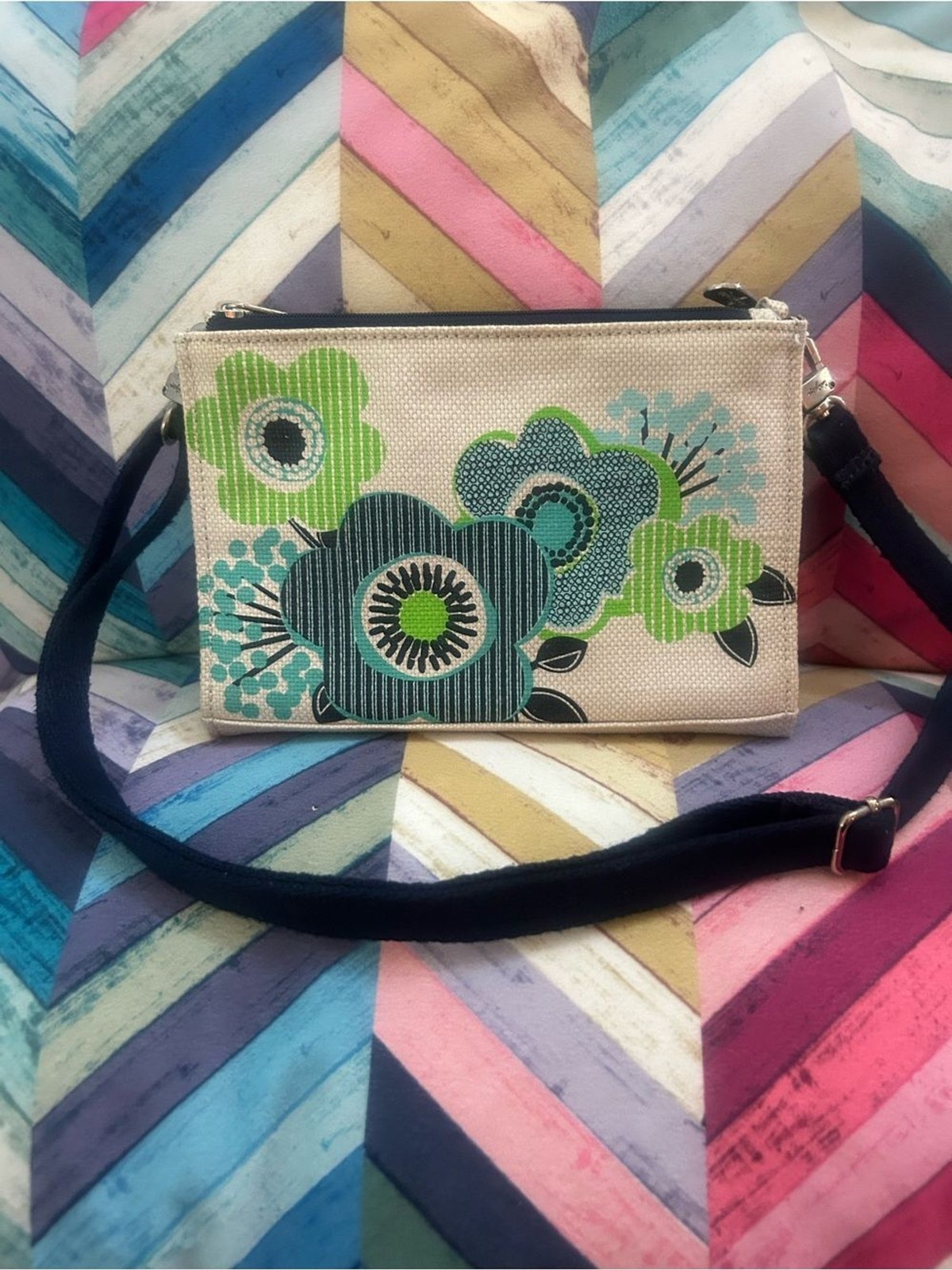 Thirty-One Floral Canvas Crossbody Wallet Purse Organizer Phone Bag Blue Green