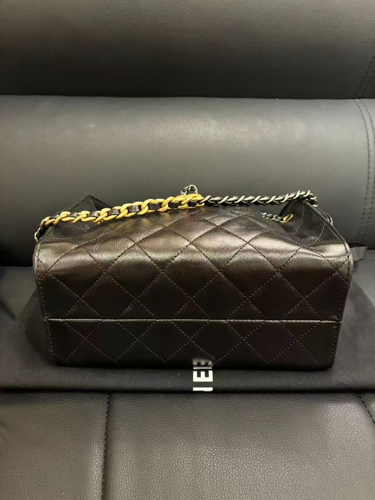 Chanel 25 Bag Mini Black Gold Shiny Crinkled Calfskin Bag Base 20cm
