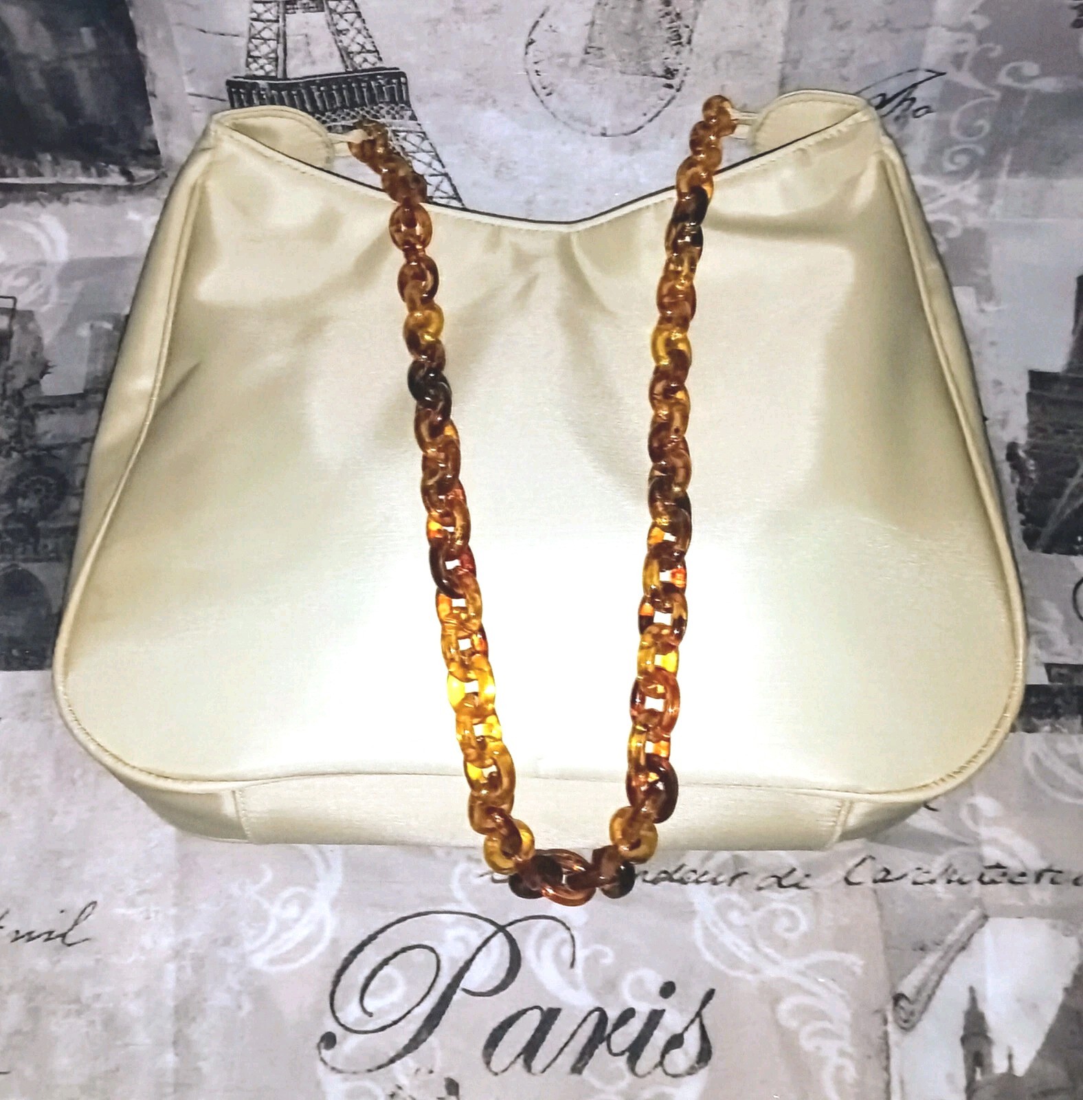RARE VTG. MONDANI NY Cream Faux Leather Tortoise Shell Chain Strap Purse GRT! ❤️