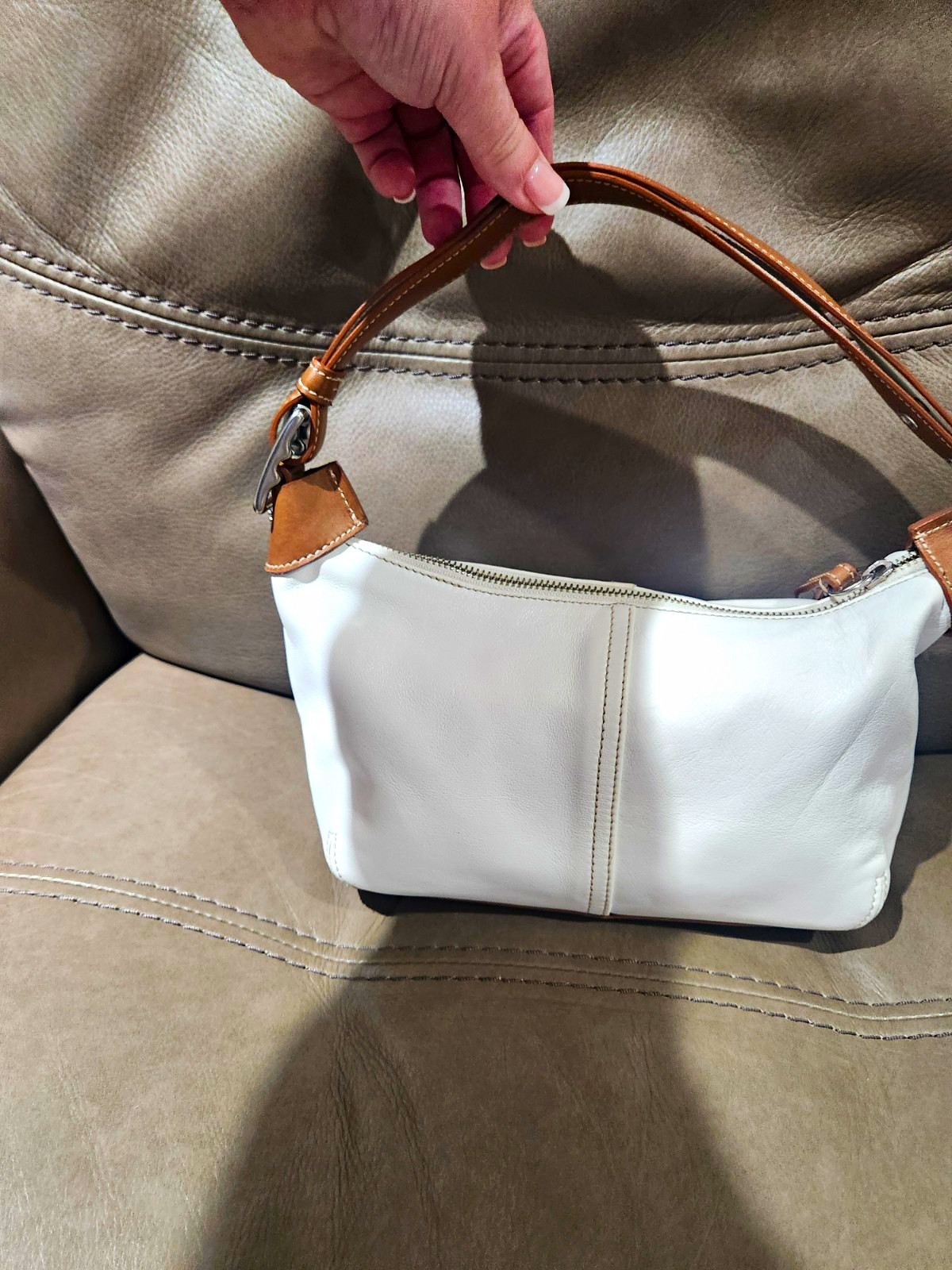 Coach White Small Shoulder Bag Zip Closure Brown Strap Lined Pockets Charm