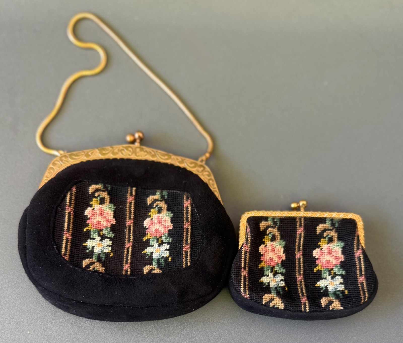 Evening Bag & Coin Pouch Petit Point Embroidery Suede Vintage