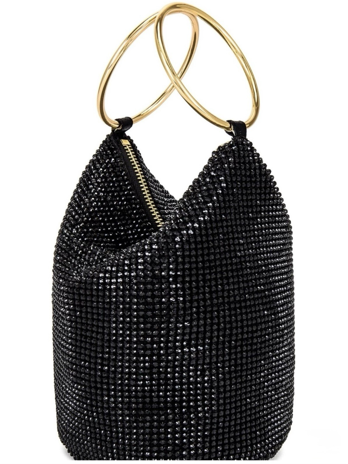 OLGA BERG Crystal Accent Ring Top Handle Bag Black/Gold Zip, Detachable Strap
