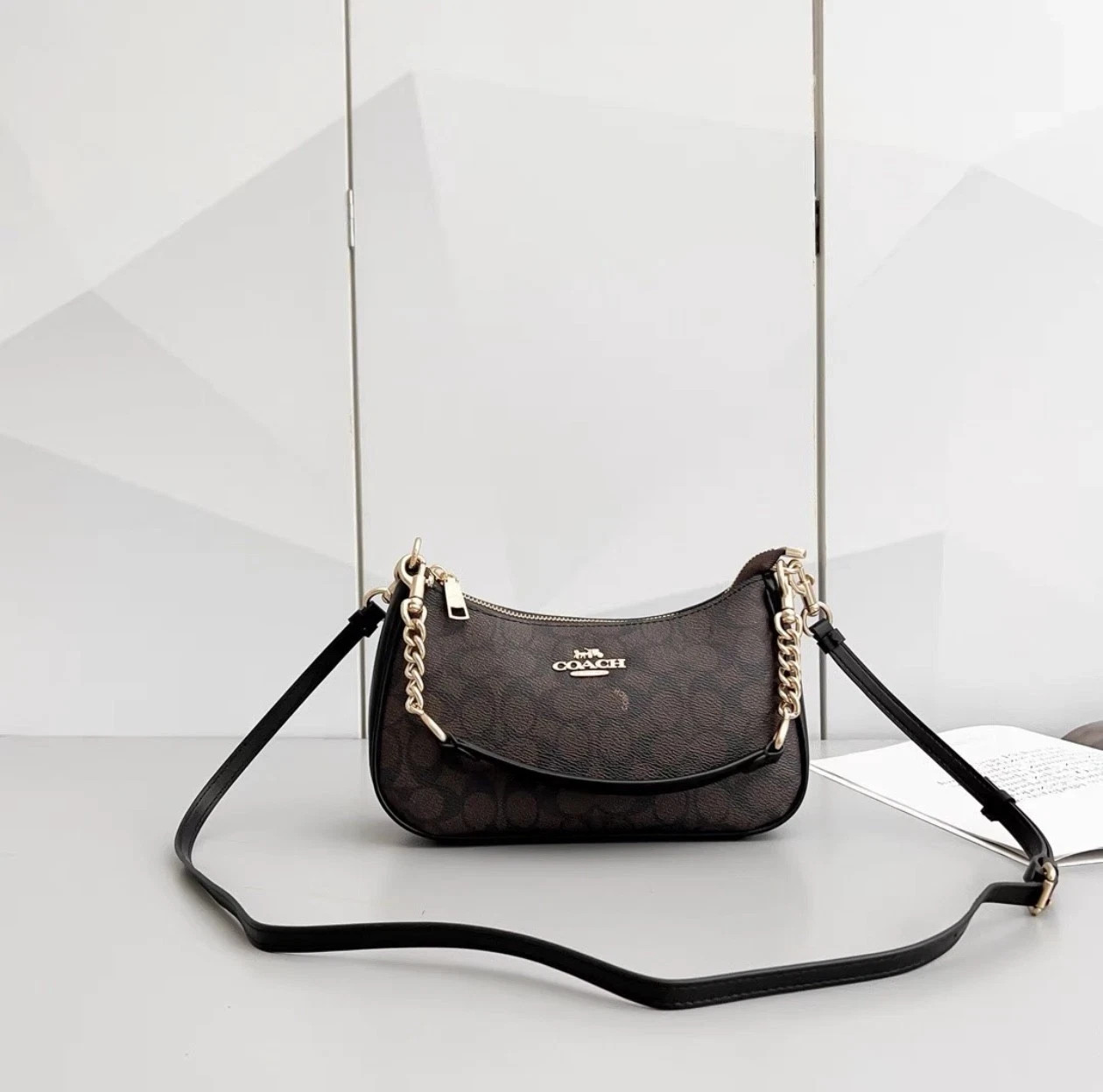 Coach CV933 Teri Shoulder Bag Signature Canvas Walnut Black IMXAQ Gold Hardware