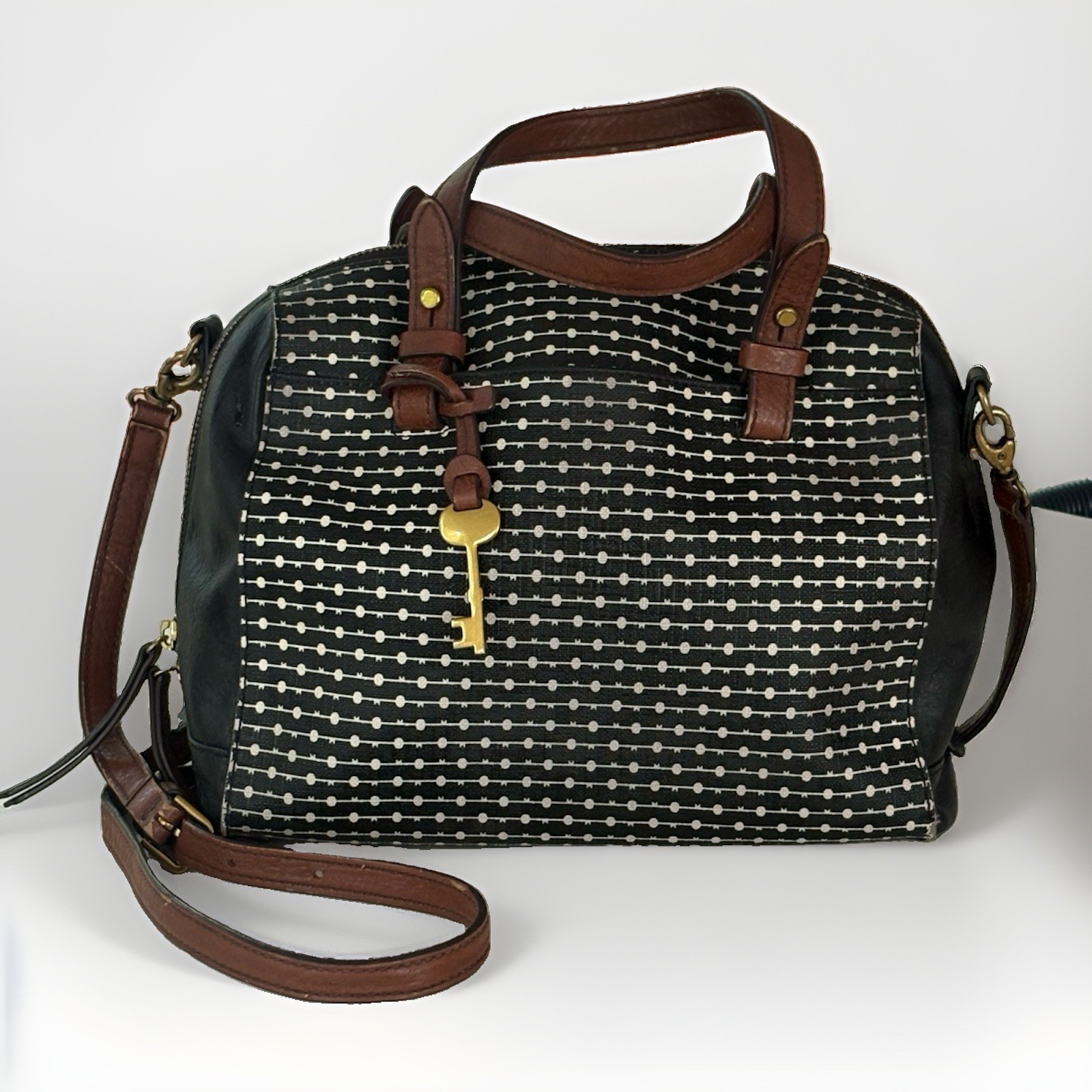 Fossil Rachel Satchel Handbag Black White Dot Stripe Brown Leather Crossbody