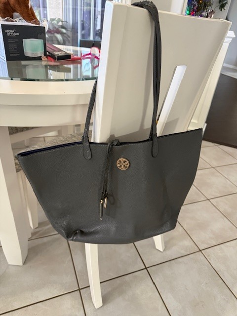 Tory Burch Tote Double Strap Handbag Large Dark Grey Gold Hardware SEE wear FLAW