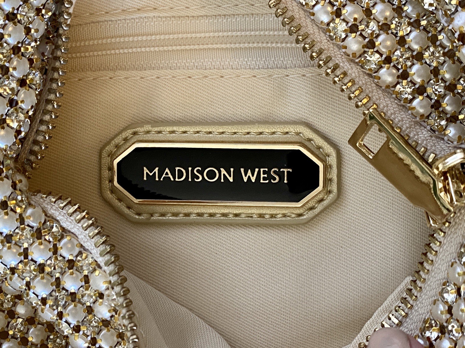 Madison West Aurora Borealis Gold Crystal Pearl Bow Handle Evening Hand Bag NEW