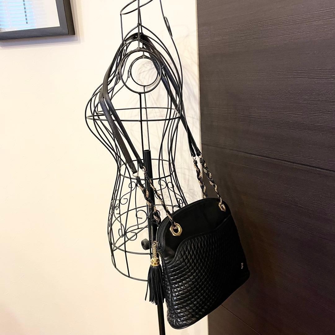 Vintage BALLY Y2K Black Woven Quilted Leather Tassel Chain Shoulder Bag Italy