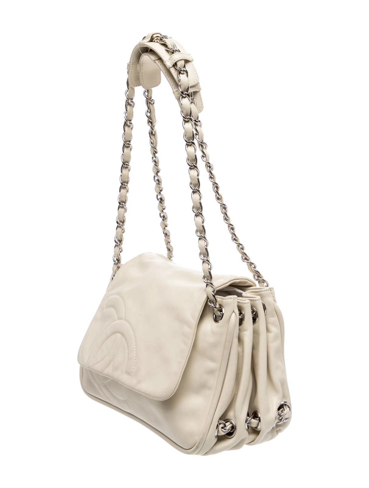 Authentic CHANEL Beige Ivory Leather, Chain Trim Flap Shoulder Bag