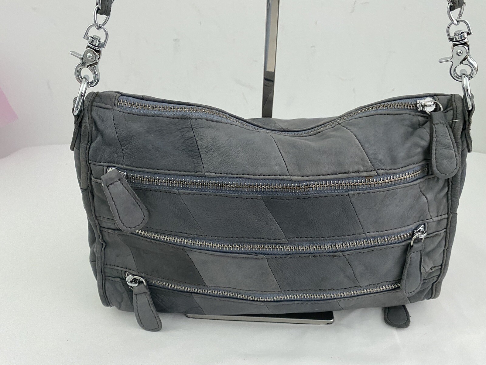 LOST & FOUND GRAYISH BLUE SOFT PATCHWORK LEATHER CHAIN STRAP CROSSBODY HANDBAG