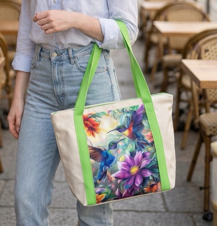 Handmade Floral Hummingbird Bag, Zip Top, Lined, with pockets and insulated!