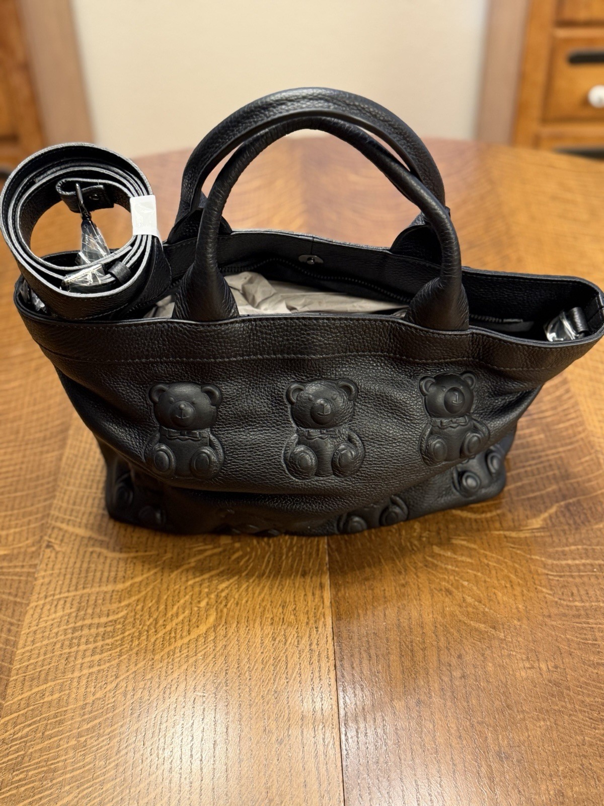 Io Pelle Italia Black Leather Teddy Bear Cross Body Bag With Zip New With Tags