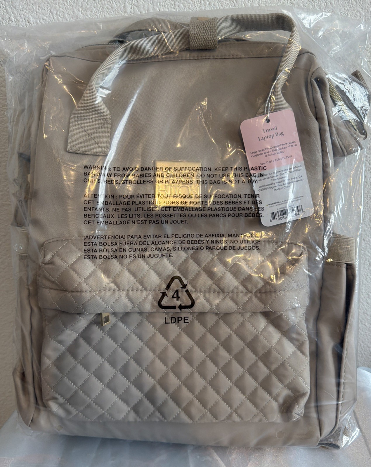 Nwt-Paris Hilton Travel Laptop Bag Beige Backpack 11.81”x7.09”x15x75”