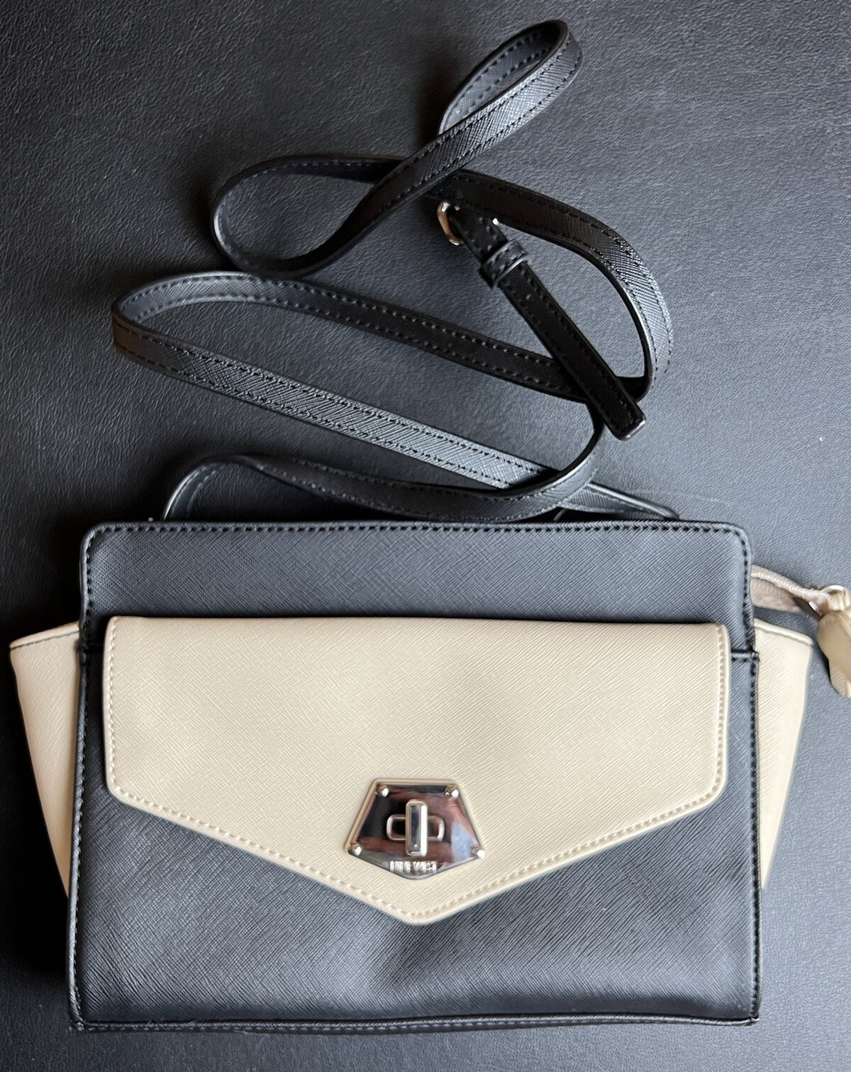 Nine West Crossbody Purse Black and Beige Color-Block Faux Leather NWOT B2G1FREE