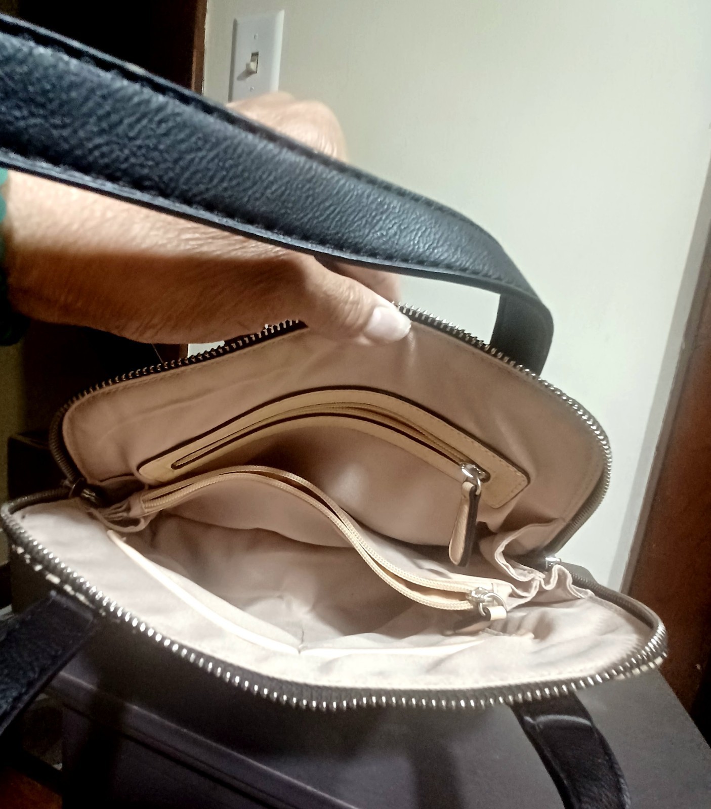 Black & Beige Geometric Shoulder Bag Zip Closure, Inner Pockets, Silver Hardware