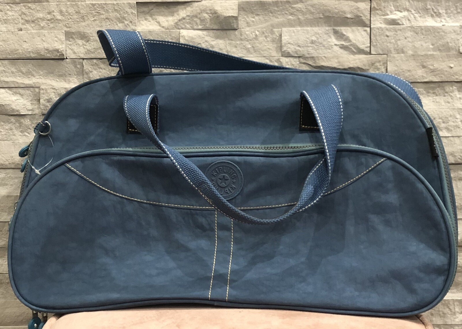 KIPLING Blue Travel Duffle Shoulder Crossbody Bag Overprinted Money Logo Lining