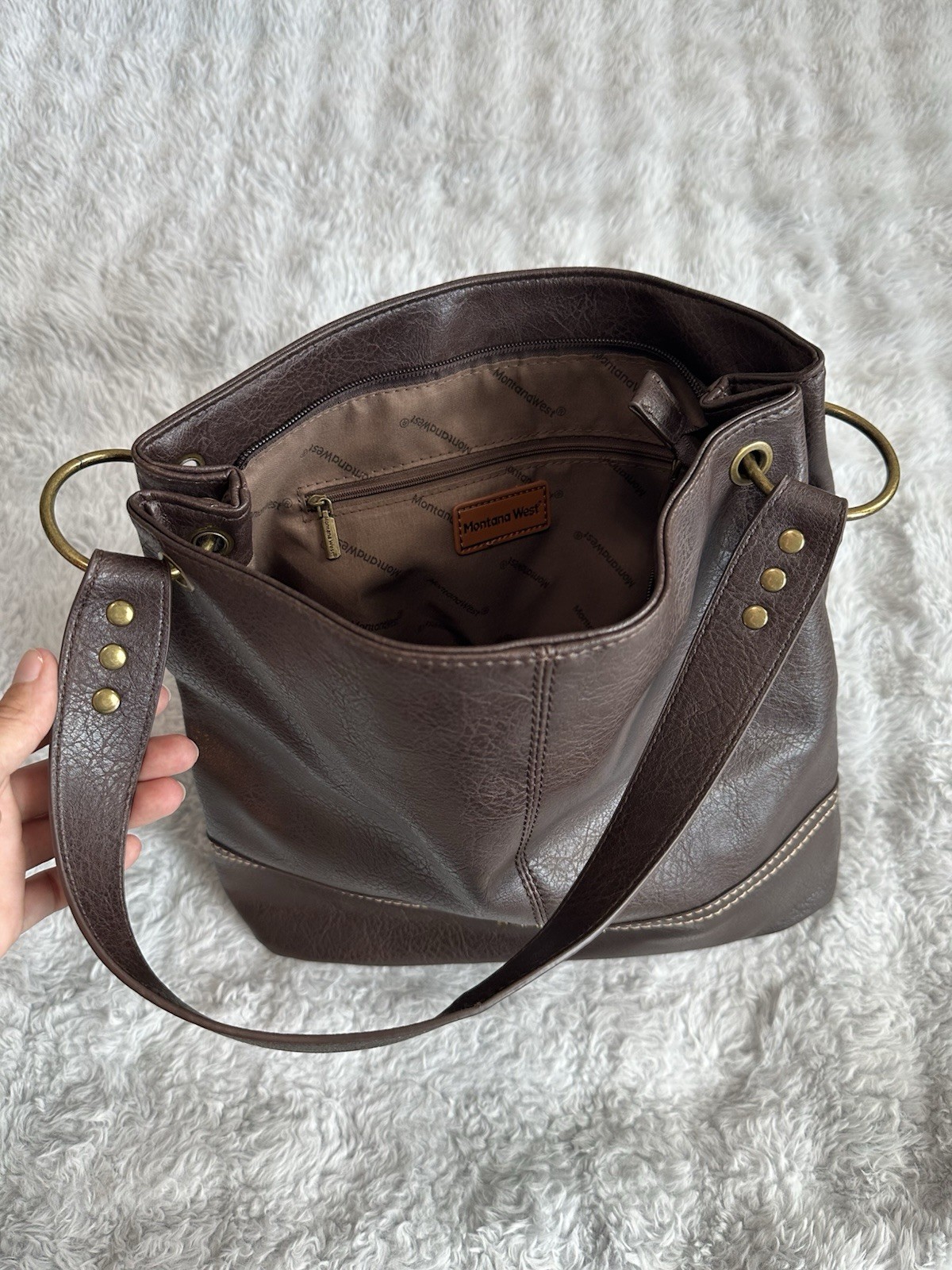 Montana West Brown Shoulder Bag, Zip Closure, Gold Hardware, Inner/Outer Pockets