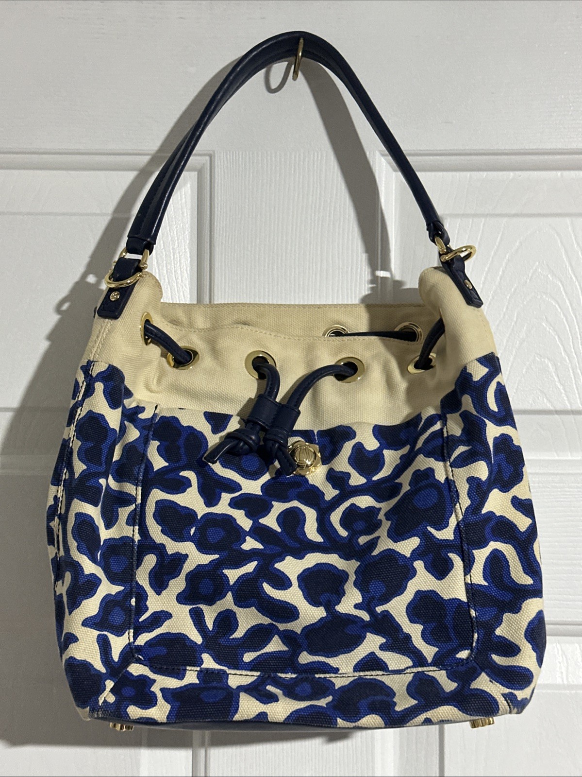 DRAPER JAMES Blue/Cream Floral Canvas/Leather Convertible Hobo Crossbody Purse