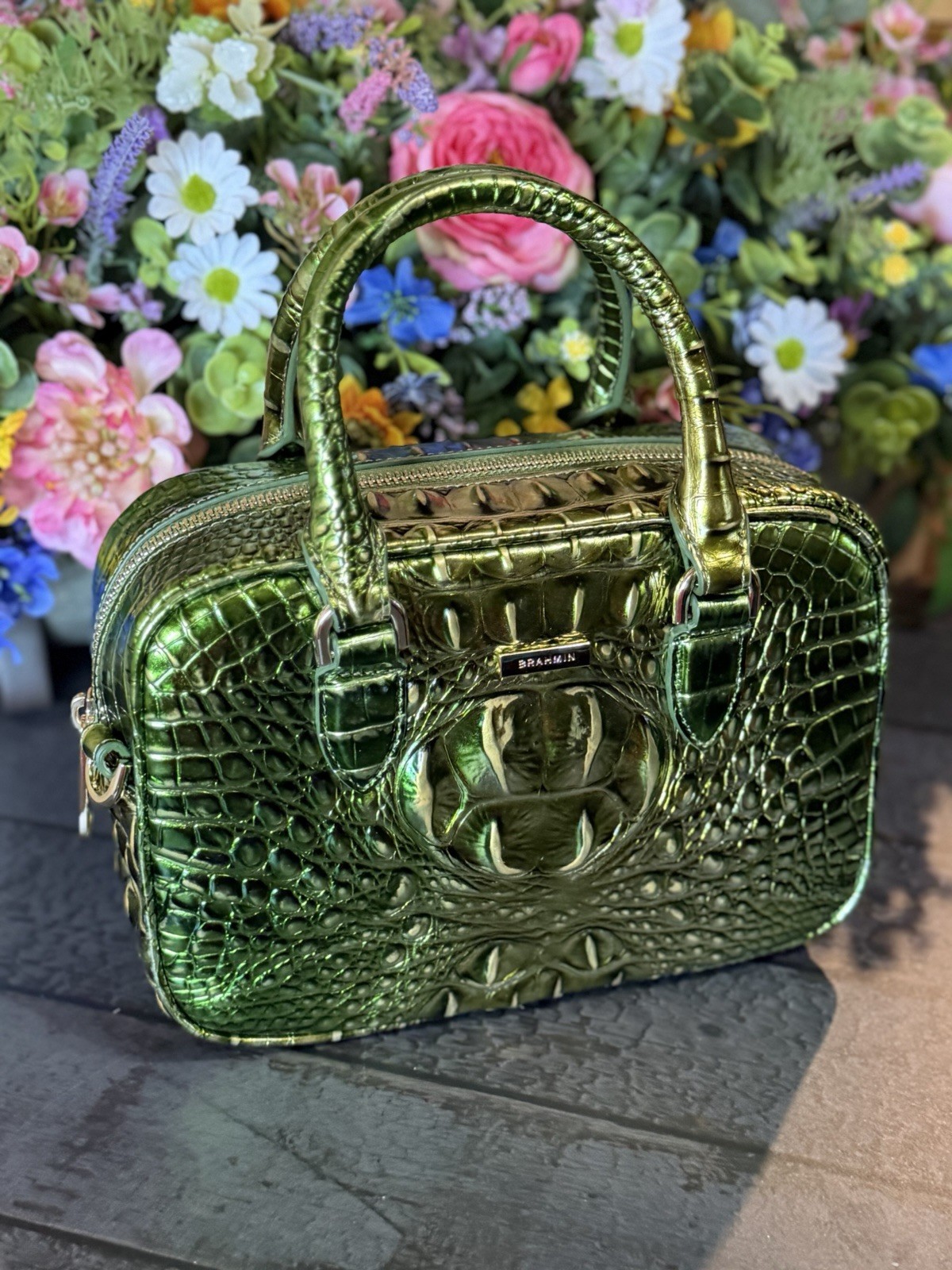 Brahmin Mara Cacti Green Satchel Pretty Eye Placement NWT Metallic Beauty